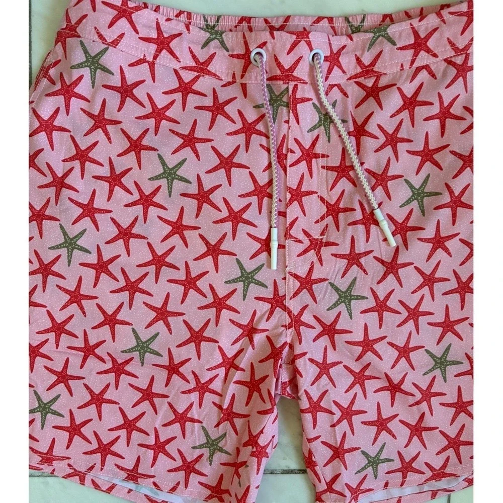Johnnie-O Mens Seastar Swim Trunks Porto Pink Starfish Print‎ Shorts Large NWT